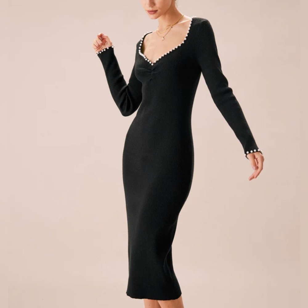Rihoas Black Pearl Trim Bodycon Knit Midi Dress, Size M, NWT - Picture 2 of 7